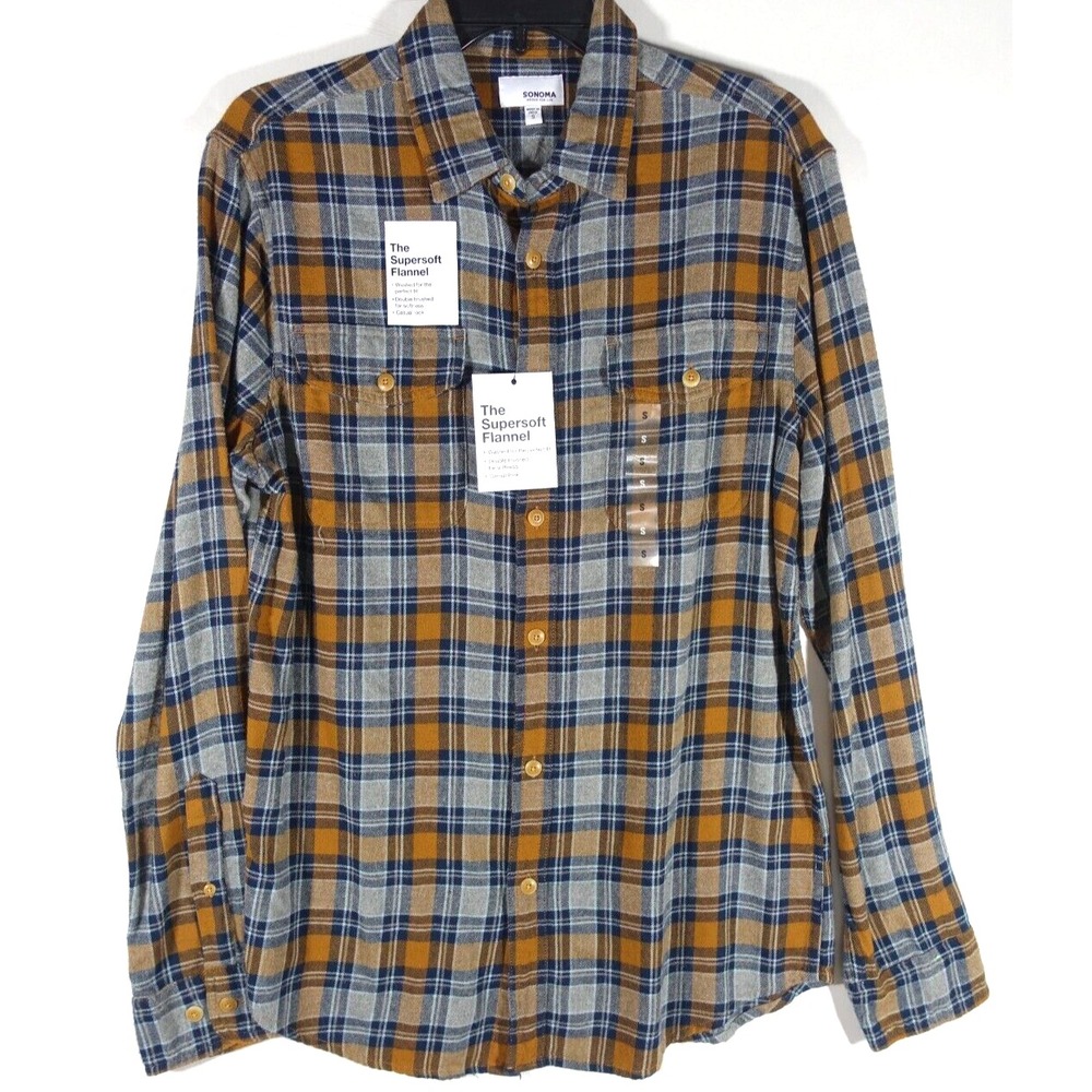 Sonoma Flannel Shirt Men Small Button Down Flap Chest Pockets Western Plaid 251